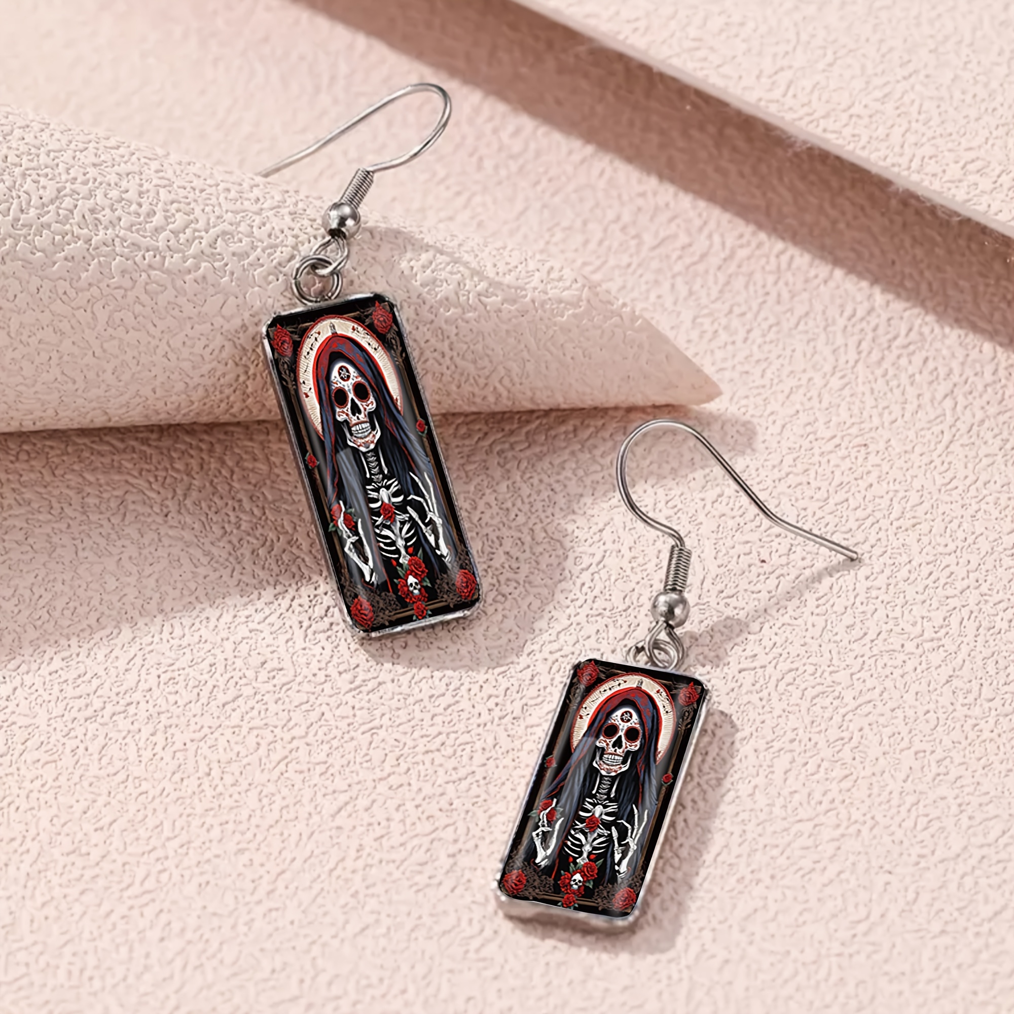 Holy Death Skull Rose Pattern Long Earrings, Bohemian Style